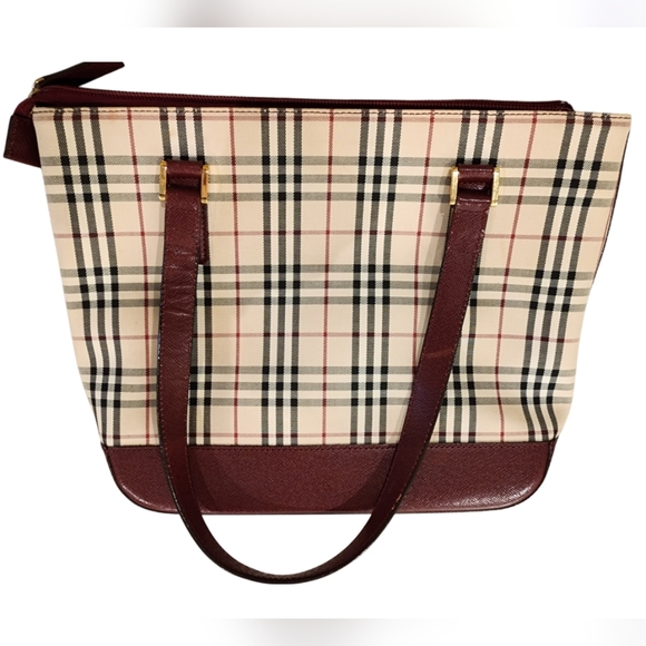 Burberry Nova Check Burgundy Canvas Tote - Picture 1 of 16